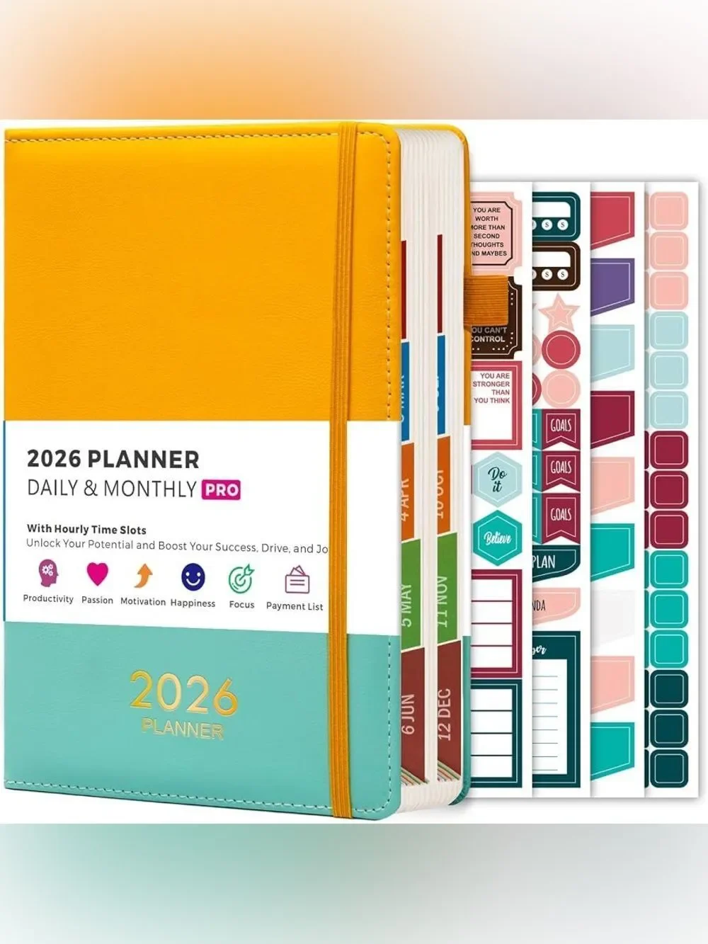 Plannity 2026 Daily & Monthly Pro Planner - Yellow and Teal Faux Leather Binder